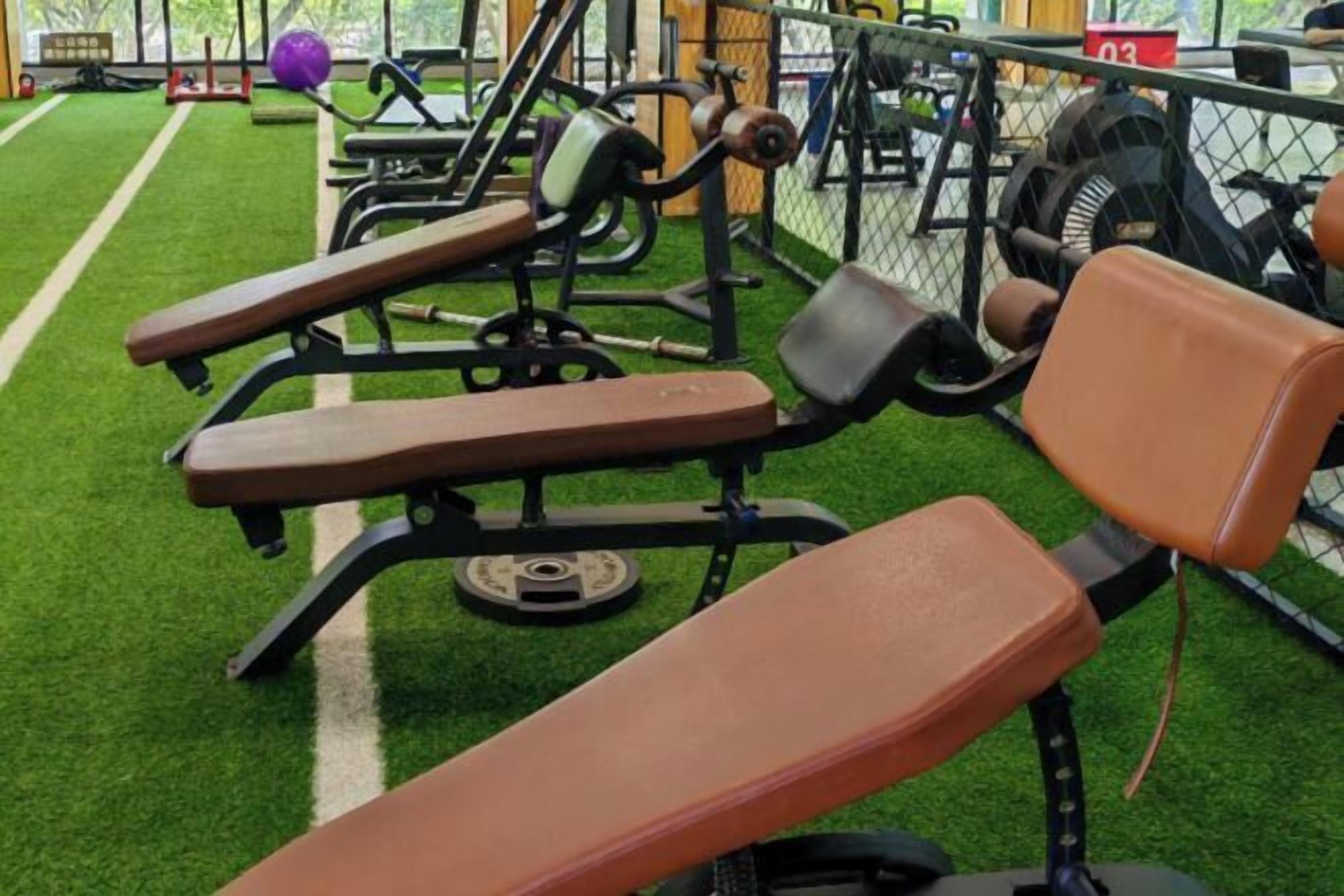 A gym with exercise equipment, including benches and weight machines, on artificial turf flooring.