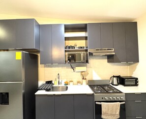 Une cuisine moderne avec des meubles gris, un réfrigérateur en acier inoxydable, un four à micro-ondes, une cuisinière et un grille-pain.