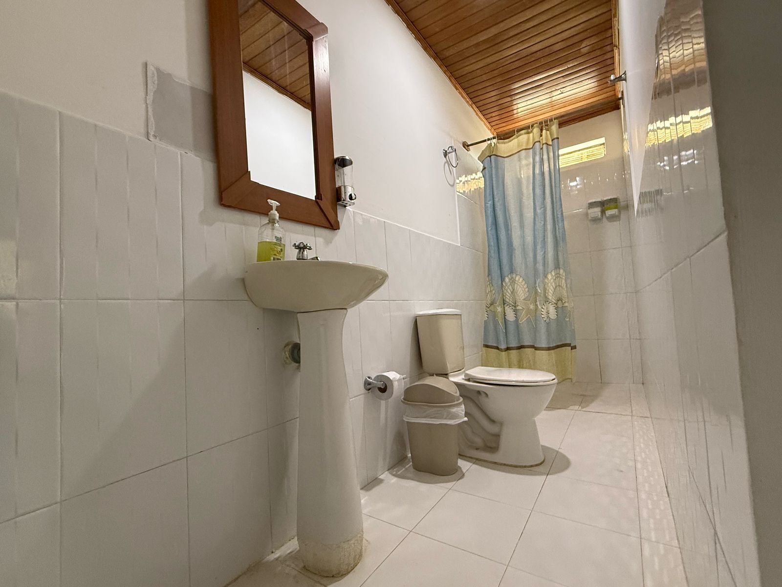 Shower, towels, soap, toilet paper