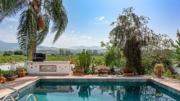 Una piscina con vistas a las montañas, rodeada de plantas variadas y una pérgola.
