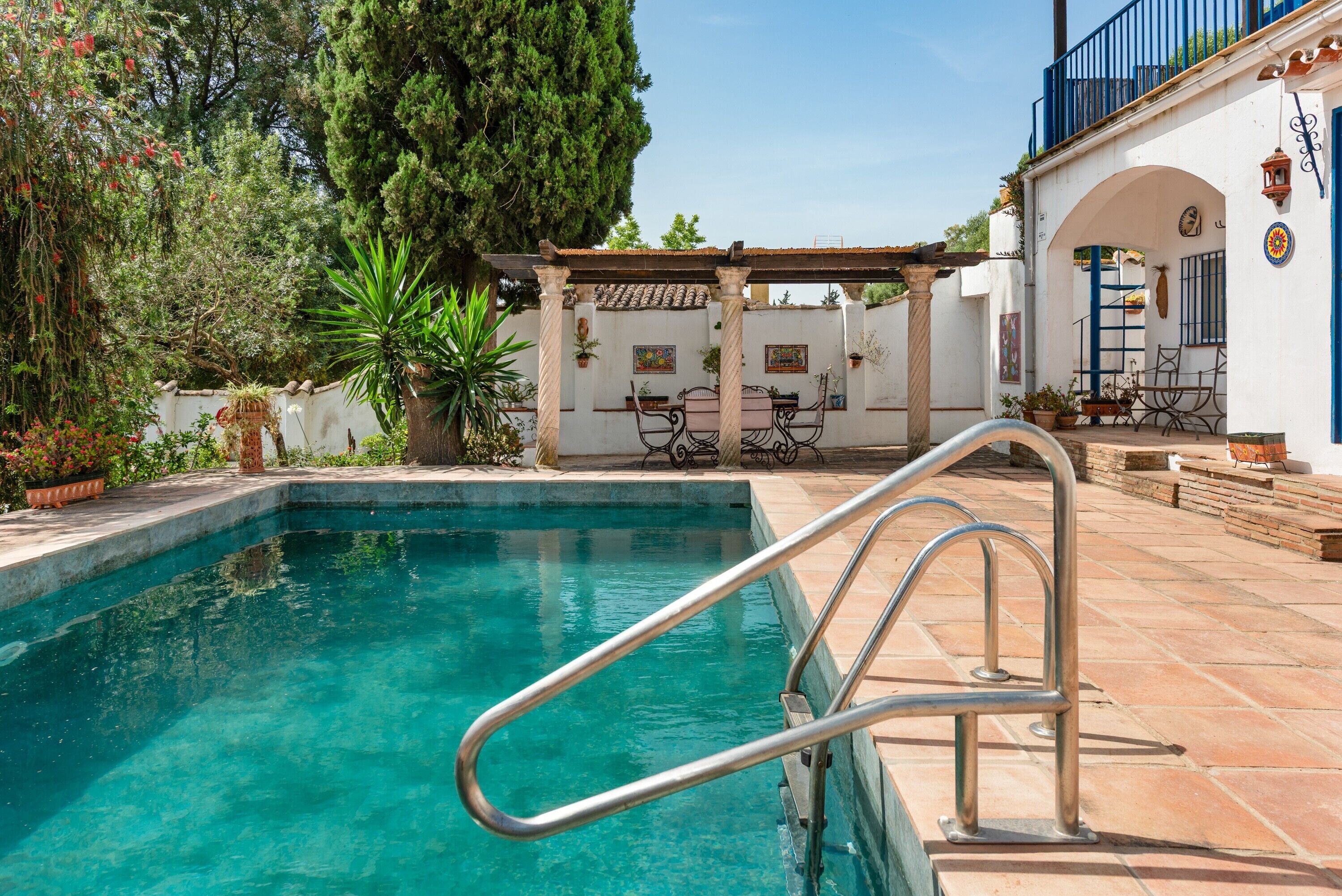 Una piscina con una scala in metallo, circondata da piante in vaso e un pergolato.