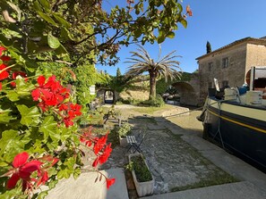 A courtyard with a stone bridge, a palm tree, and a boat docked by the water.
