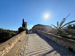 A stone pathway leading to a building with a tiled roof, surrounded by greenery and a clear sky.