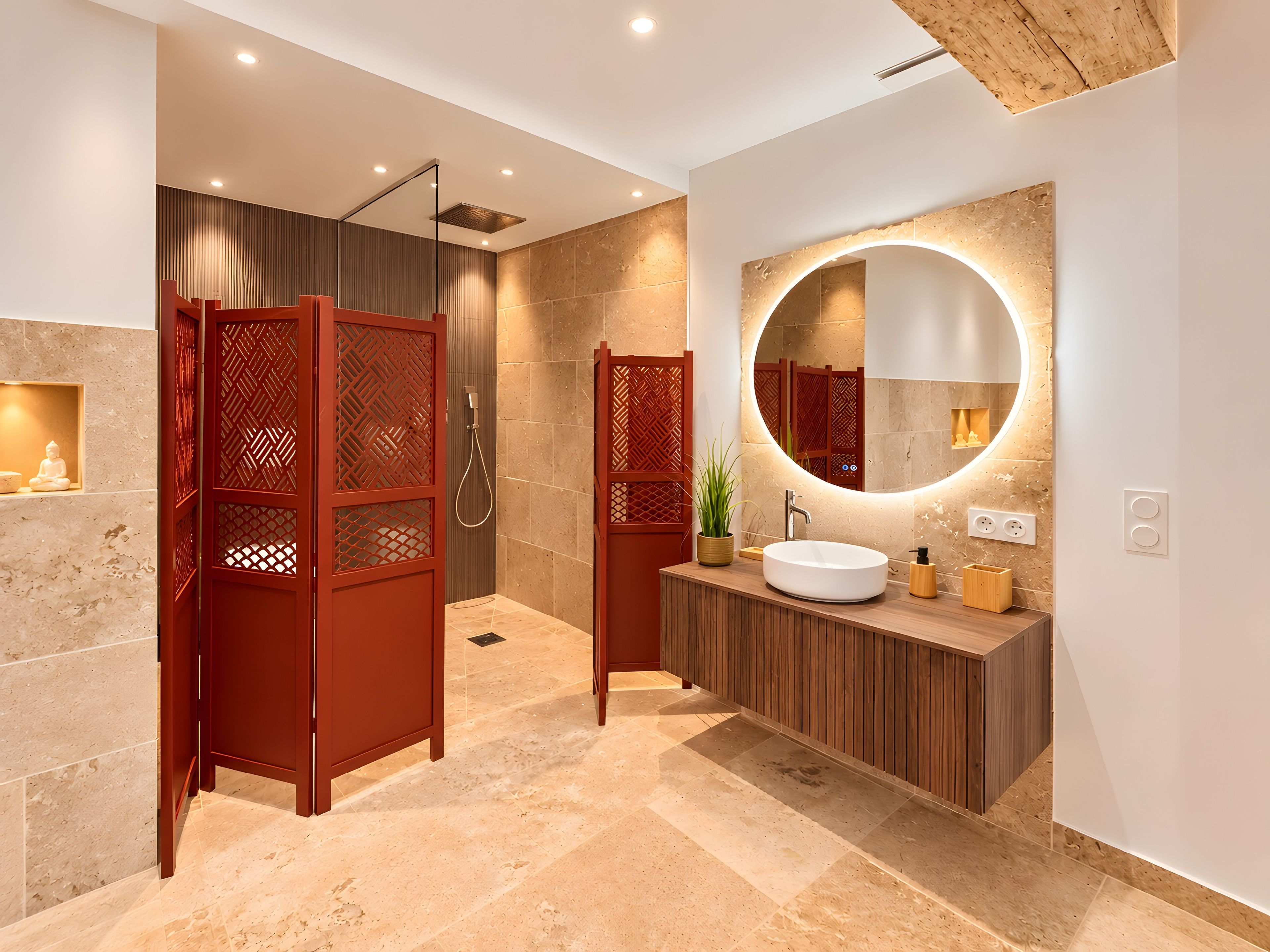 A modern bathroom with a freestanding shower, a round mirror, and a wooden vanity.