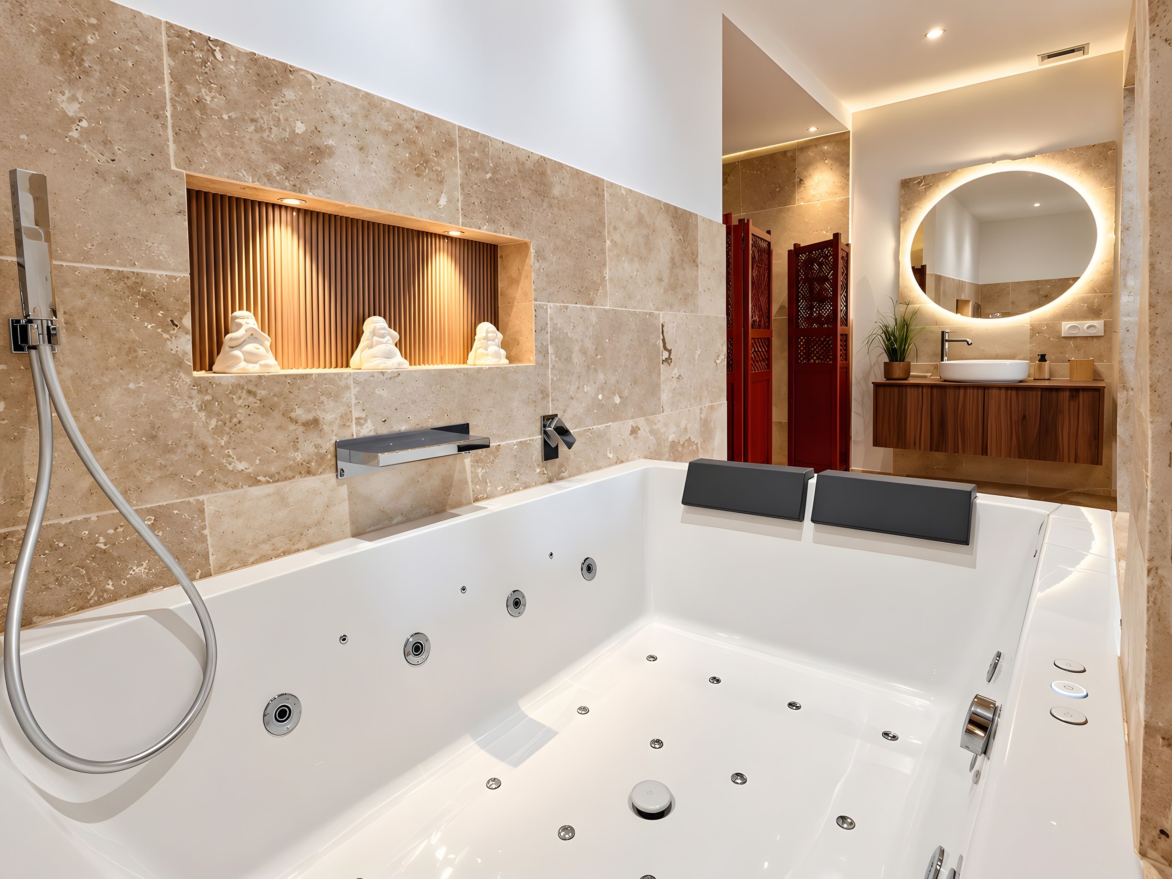 Une salle de bain moderne dotée d’une grande baignoire, d’une douche et d’un meuble-lavabo avec un évier.