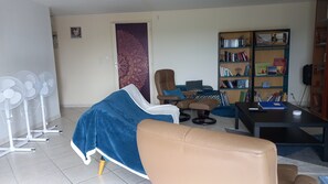A living room with a sofa, a chair, a bookshelf, and a fan.