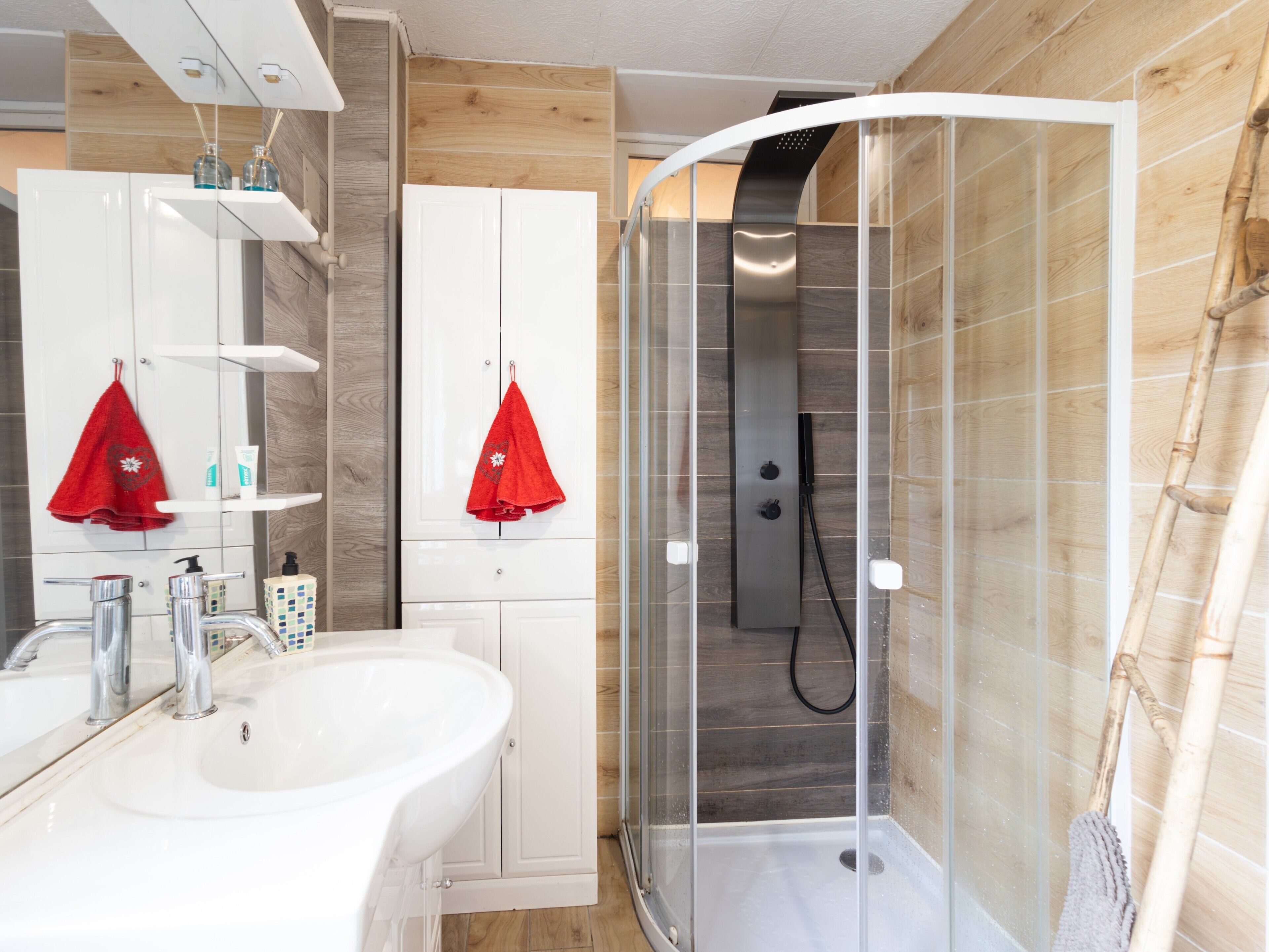 Shower, hair dryer, towels