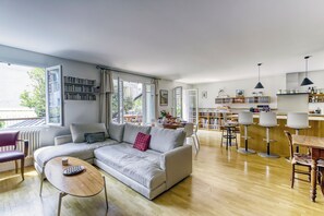 TV, DVD player, books, video library