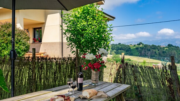 A wooden table with food, wine, and flowers, set outdoors with a view of a house and greenery.