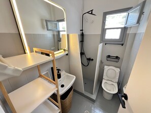 Shower, hair dryer, towels
