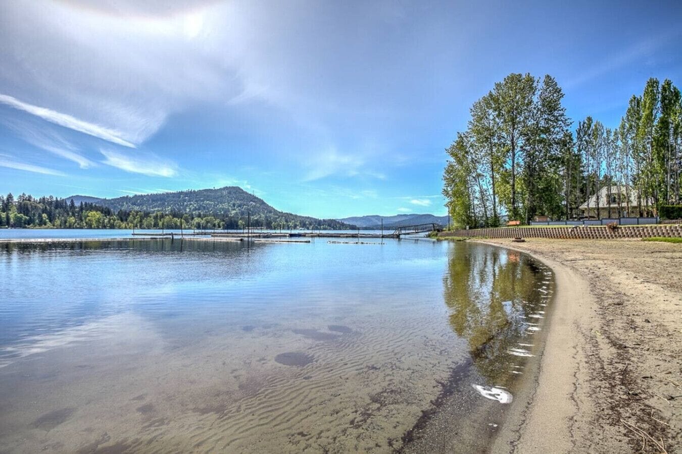 Un lago tranquillo con una spiaggia sabbiosa e alberi.