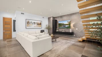 Luxury Villa, Multiple Beds, Pool Access, Pool View (Louise Modern) | Living area | 80-inch flat-screen TV with digital channels, fireplace