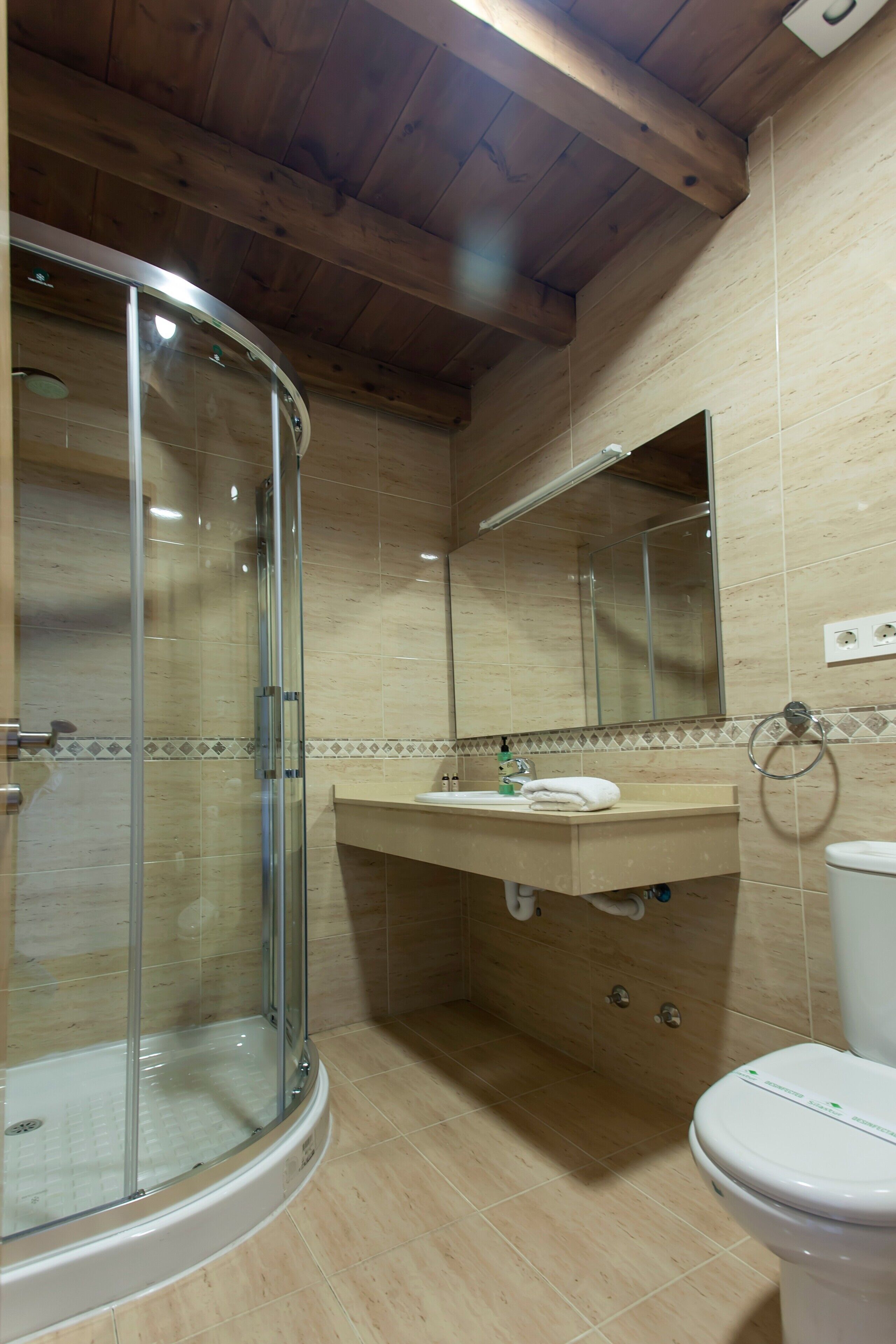 A bathroom with a glass shower enclosure, a sink with a mirror, and a toilet.