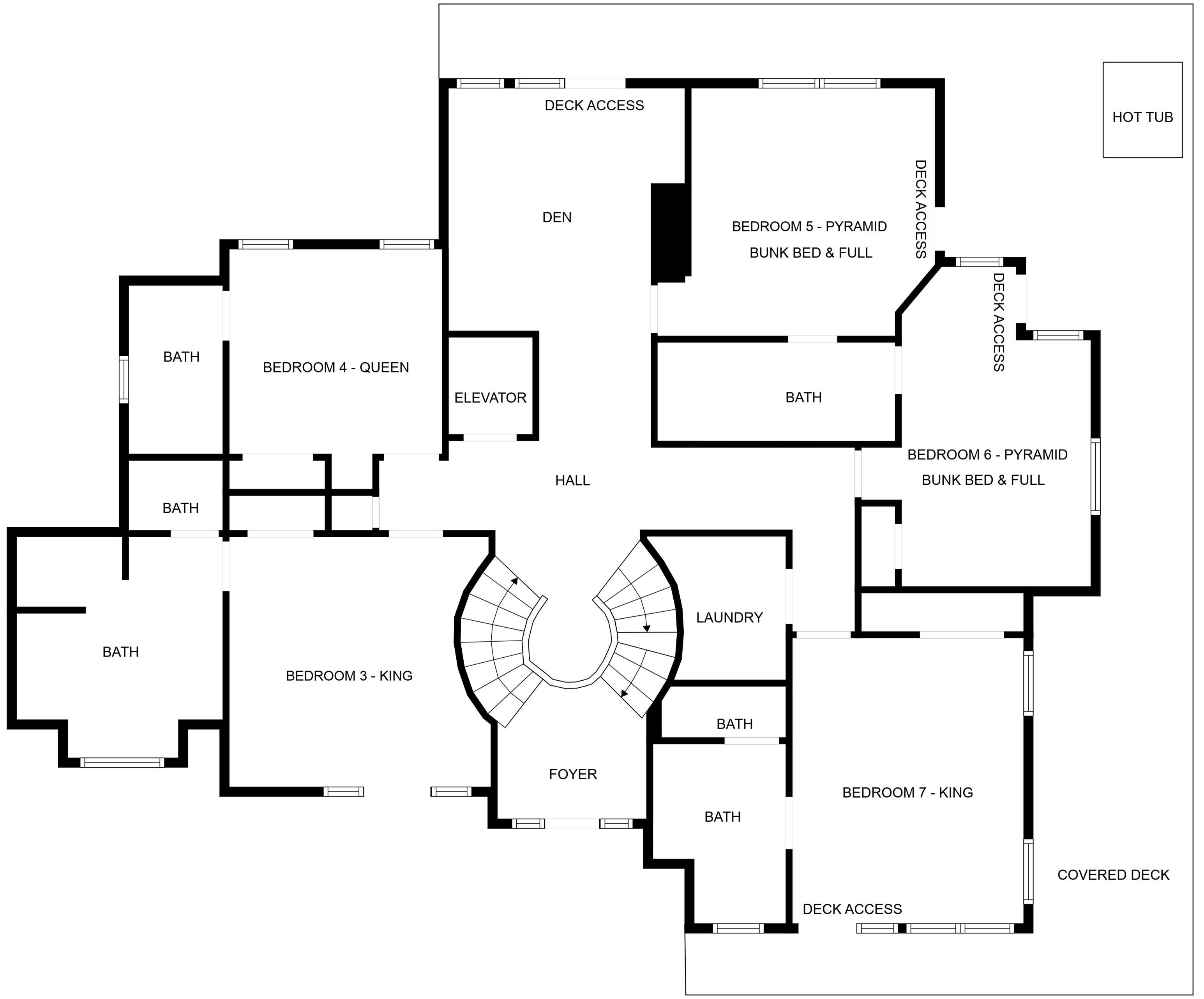En planritning över ett hotell med flera sovrum, en entréhall, ett tvättrum och en bubbelpool.