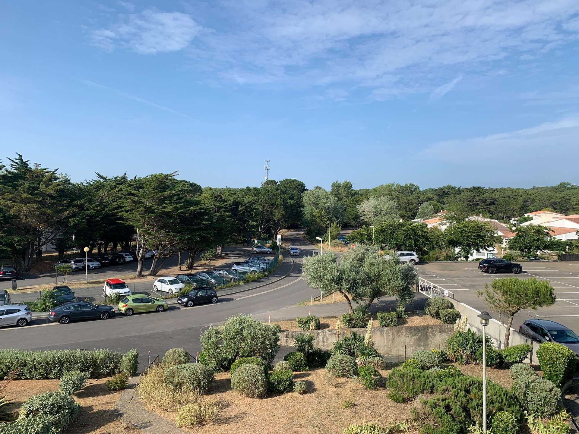 A parking lot with several cars, surrounded by trees and greenery.