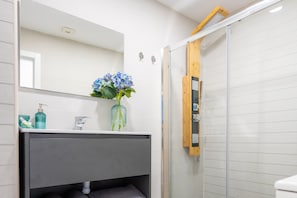 Shower, hair dryer, towels