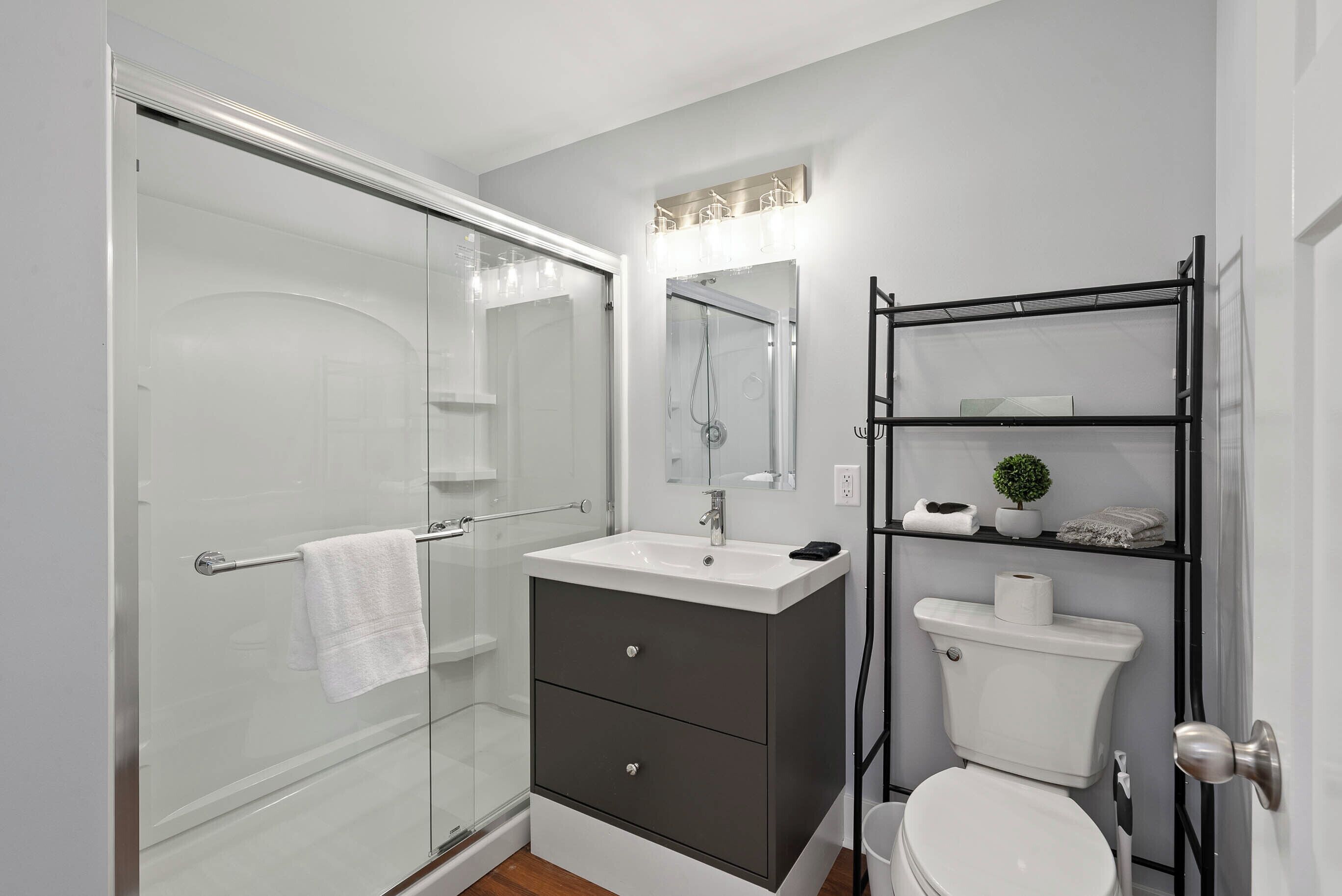 Shower, hair dryer, towels