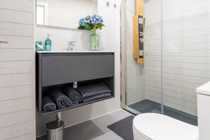 Douche, séchoir à cheveux, serviettes fournies