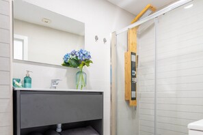 Shower, hair dryer, towels