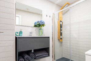 Shower, hair dryer, towels