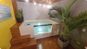 A modern bathroom with a built-in jacuzzi, wooden flooring, and potted plants. - Delightful 1, 2 o 3 bedroom apartment in Ica (Ica)