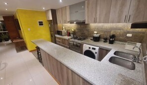 Fridge, microwave, oven, stovetop