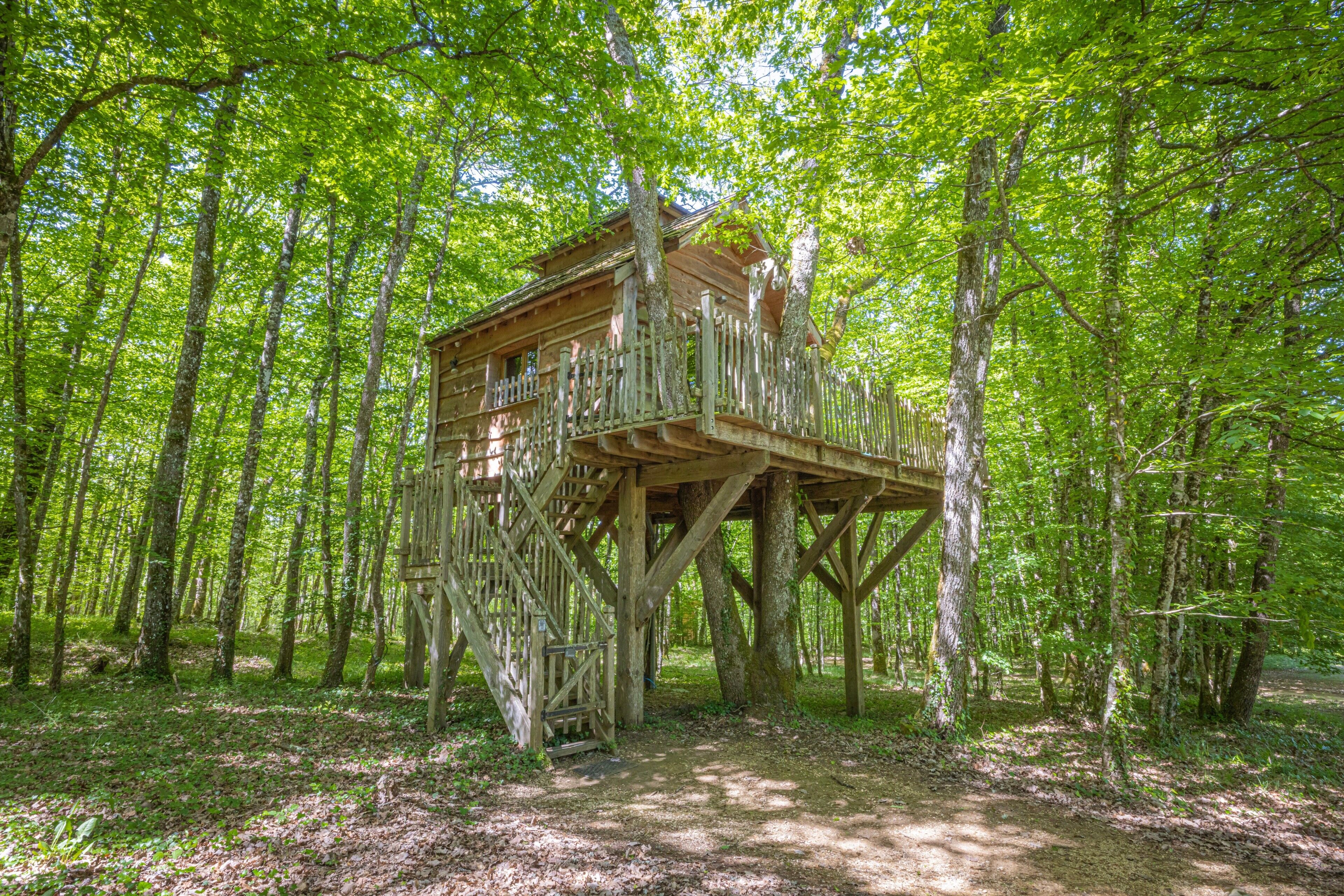 A wooden treehouse with a wooden deck and a staircase, surrounded by a forest.