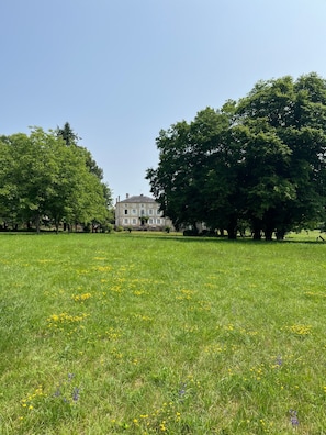 A large, historic building with a symmetrical facade, surrounded by a lush green field with scattered wildflowers and trees.