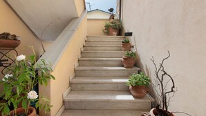 A narrow staircase with multiple potted plants on either side. - Apartment 'Raggio Di Sole' with Balcony and Wi-Fi (Torre del Lago Puccini)