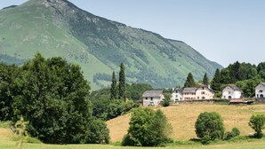 Eine ländliche Landschaft mit einem Berg, Häusern und Bäumen.