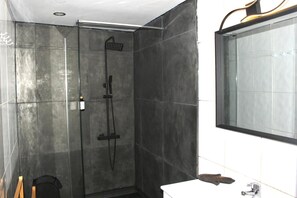 Chuveiro, secador de cabelo, toalhas de banho 