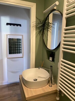 Shower, hair dryer, towels