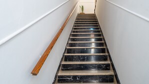 A staircase with black marble steps and wooden handrails, leading to a landing with a potted plant.