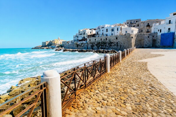 A coastal walkway with stone paving, a metal railing, and white buildings with balconies.
