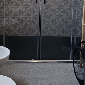 Shower, hair dryer, bidet, towels