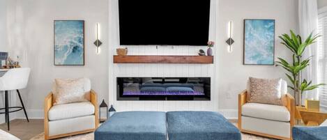 Smart TV, fireplace, video games, books
