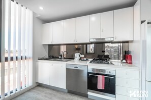 Fridge, microwave, oven, stovetop