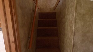 Un escalier étroit, doté de rampes en bois et de marches recouvertes de moquette, menant à un palier.