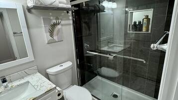 Shower, hair dryer, towels, soap
