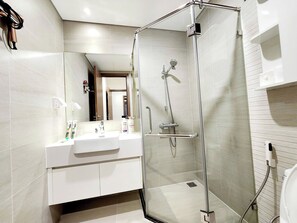 Hair dryer, towels, soap, toilet paper
