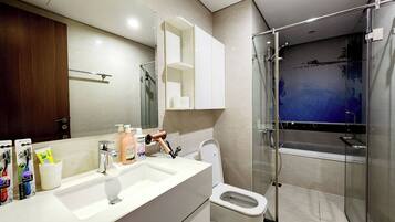 Hair dryer, towels, soap, toilet paper