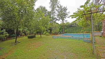 A backyard with a swimming pool, surrounded by trees and a brick wall.