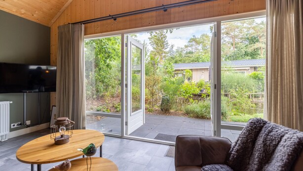 A modern living room with a wooden ceiling, a sofa, a coffee table, and a TV. - Boslodge by Interhome (Hoenderloo)