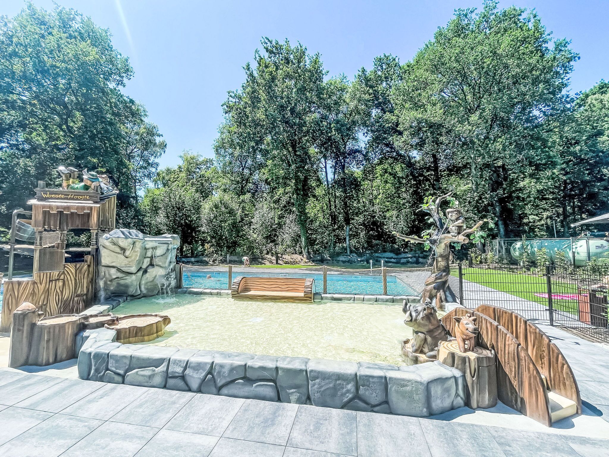 A zoo enclosure with a pool, wooden structures, and a fenced area.
