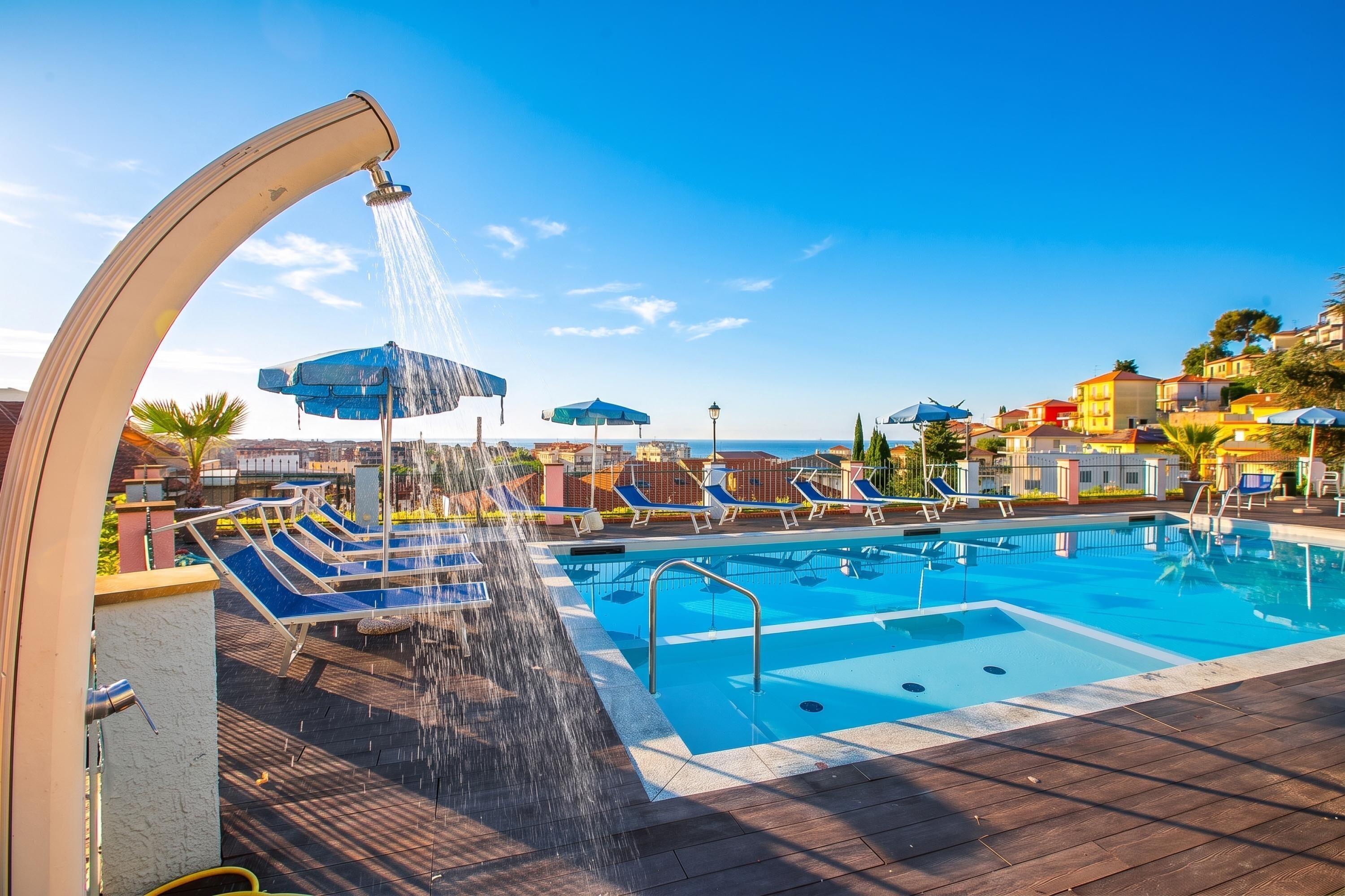 A swimming pool with a water feature, sun loungers, and umbrellas.