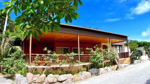 Una casa moderna con terraza de madera, paredes de piedra y abundante vegetación.
