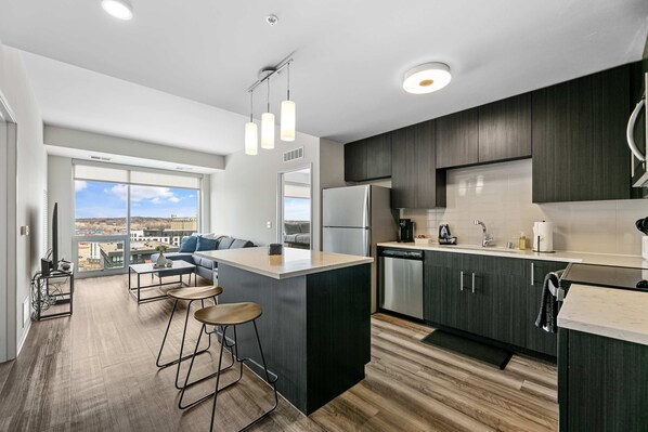 Fridge, microwave, oven, stovetop - Designer Finishes & City Views (Minneapolis)