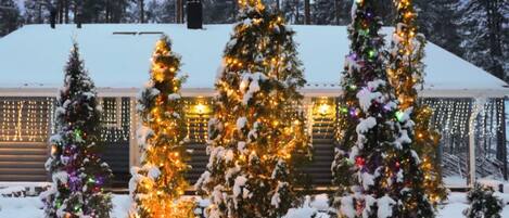 A log cabin with multiple Christmas trees adorned with lights, surrounded by snow.
