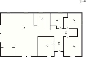 A floor plan with labeled rooms O, K, B, V, and E. - 6 Person Holiday Home in Ansager (Ansager)