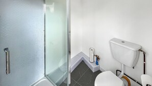 Casa de banho moderna com cabine de duche em vidro, sanita branca e um pequeno espaço de arrumação.